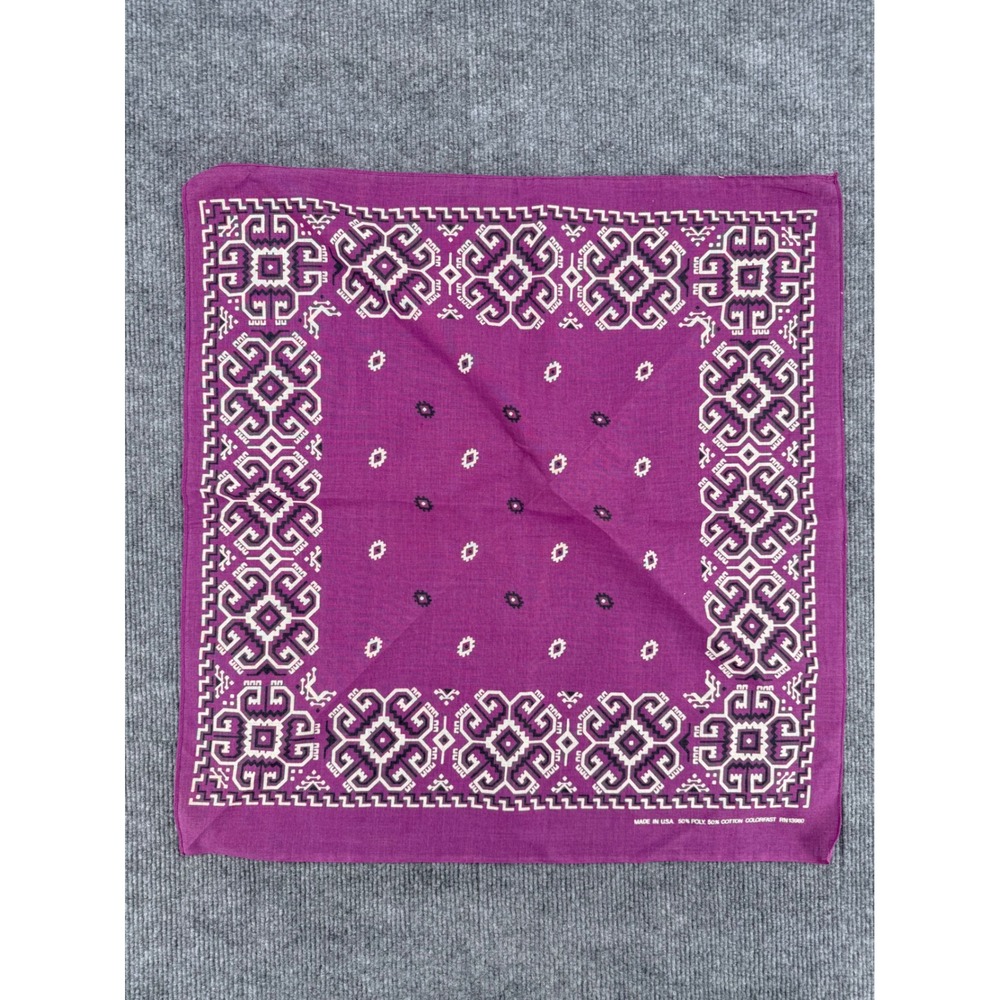 Vintage Made in USA Geometric Tribal Bandana Magenta Purple RN 13960 Poly Cotton